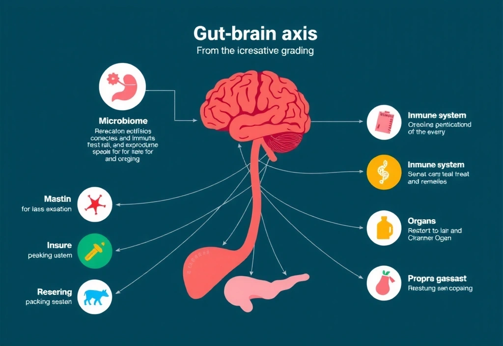 Diagramma che mostra l'interconnessione tra il microbioma intestinale, il cervello (asse intestino-cervello), il sistema immunitario e altri organi.