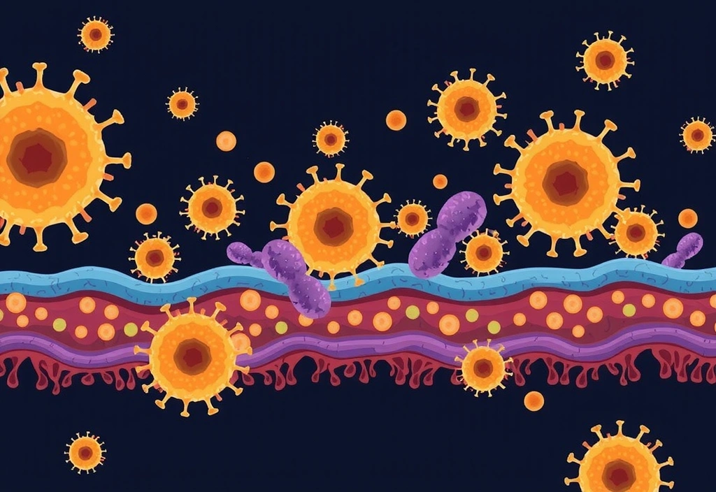 Rappresentazione artistica di cellule immunitarie che interagiscono con il rivestimento intestinale e i batteri del microbioma.