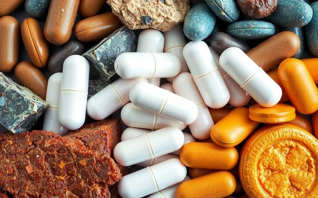 Immagine di vari minerali come magnesio, zinco, ferro in forma grezza e integratori