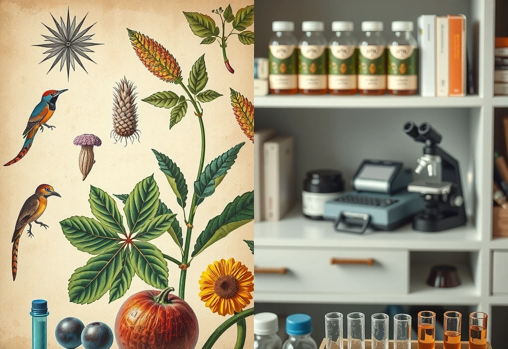 Ancient botanical illustrations and modern scientific equipment