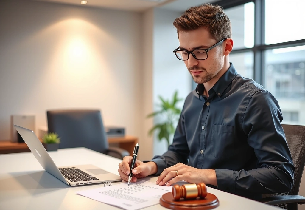 Uomo che consulta documenti legali e notebook
