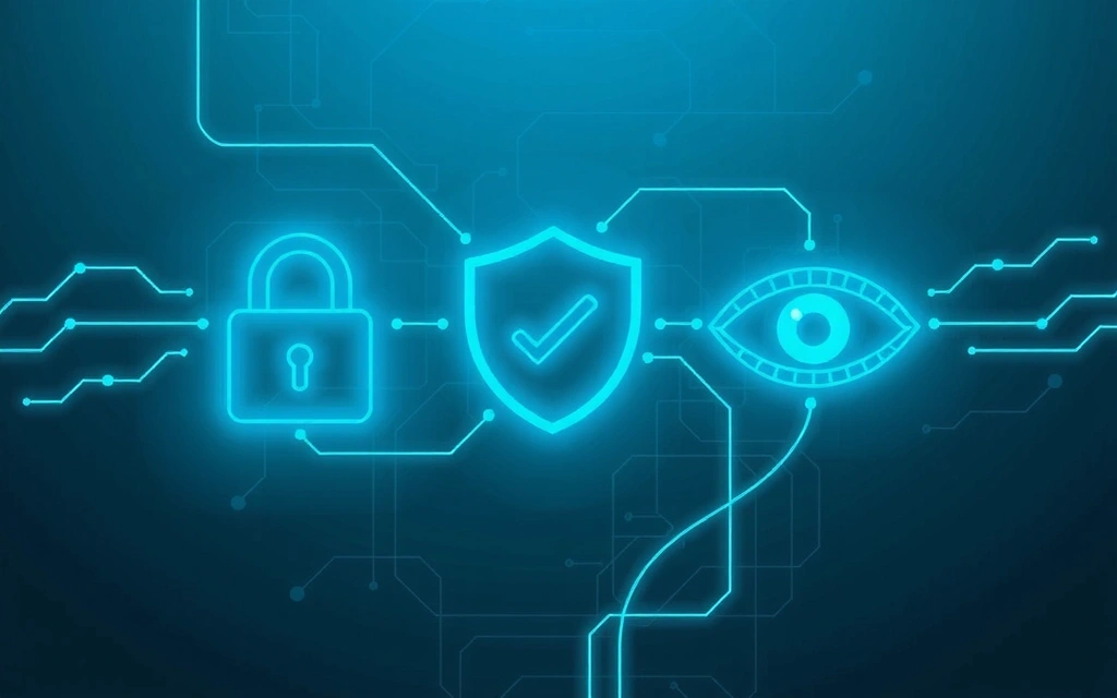 Icone di sicurezza digitali: lucchetto, scudo, occhio, che rappresentano la protezione dei dati e la privacy online.